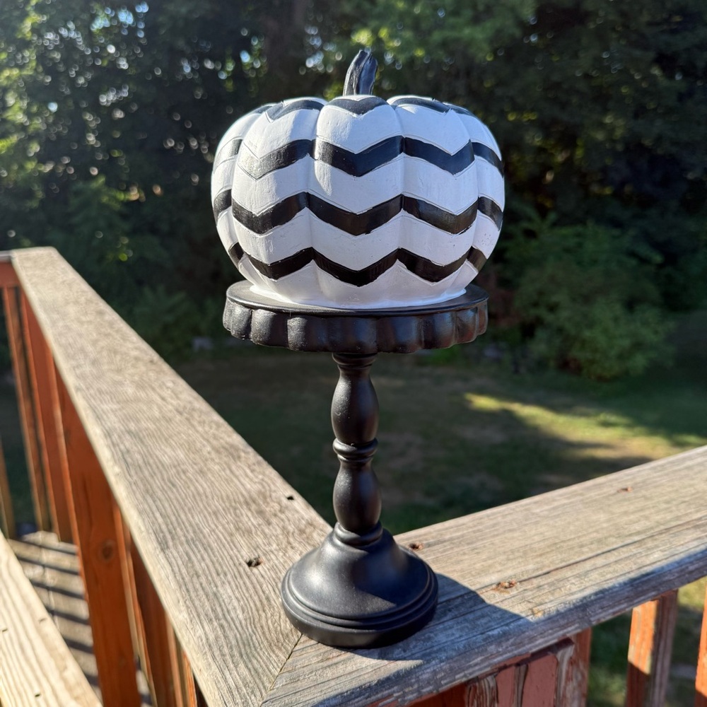 NEW Black and White Chevron Pumpkin On Pedestal 14”